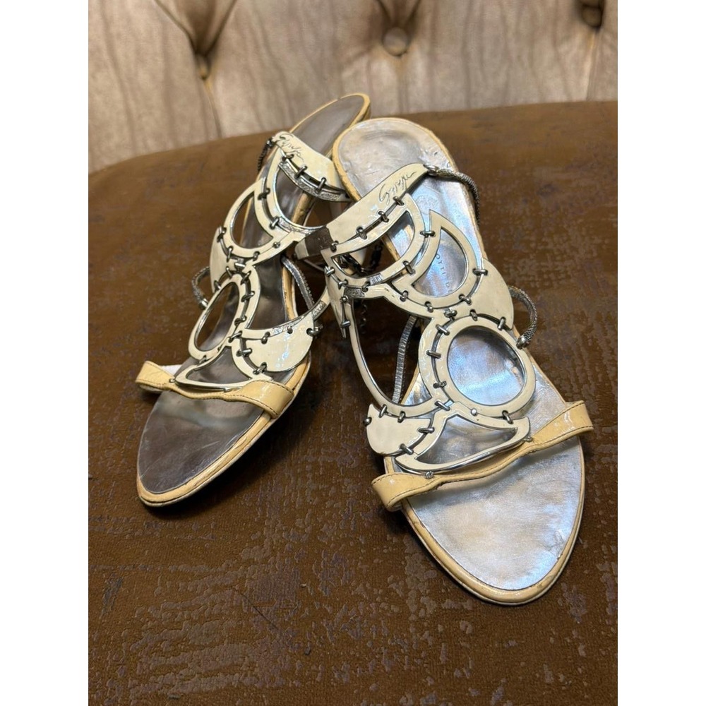 Giuseppe Zanotti Vicini Cream Silver Sculptural Chain Stiletto Sandals Size 35.5